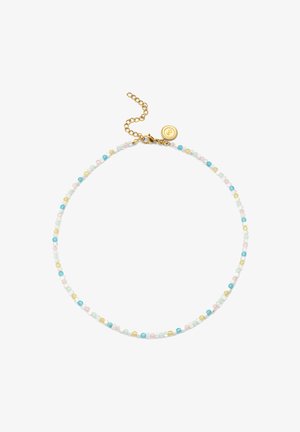 Delikat perlekæde med pastelfarvede perler i blå, pink, hvid og gul, guld lobster-lås, justerbar kæde og lille guldvedhæng.