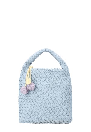 Light blue woven handbag with a short handle, decorated with two lavender knots attached by yellow cords.