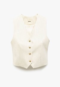 Gilet bianco con strisce verticali marrone chiaro, scollatura a V e chiusura frontale con cinque bottoni dorati. Realizzato in un tessuto dalla texture liscia.