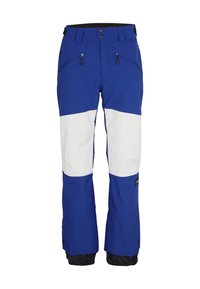 Blue and white ski pants with a water-resistant fabric, featuring two zippered pockets, a straight leg design, and elastic cuffs.