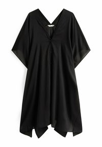 Tunika nera con scollatura a V, maniche corte, chiusura con bottoni e linea svasata. Realizzata in tessuto leggero con una texture liscia.