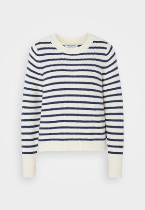 Striped sweater in cream and navy, featuring a ribbed texture, round neckline, and long sleeves. Classic design with a loose fit.