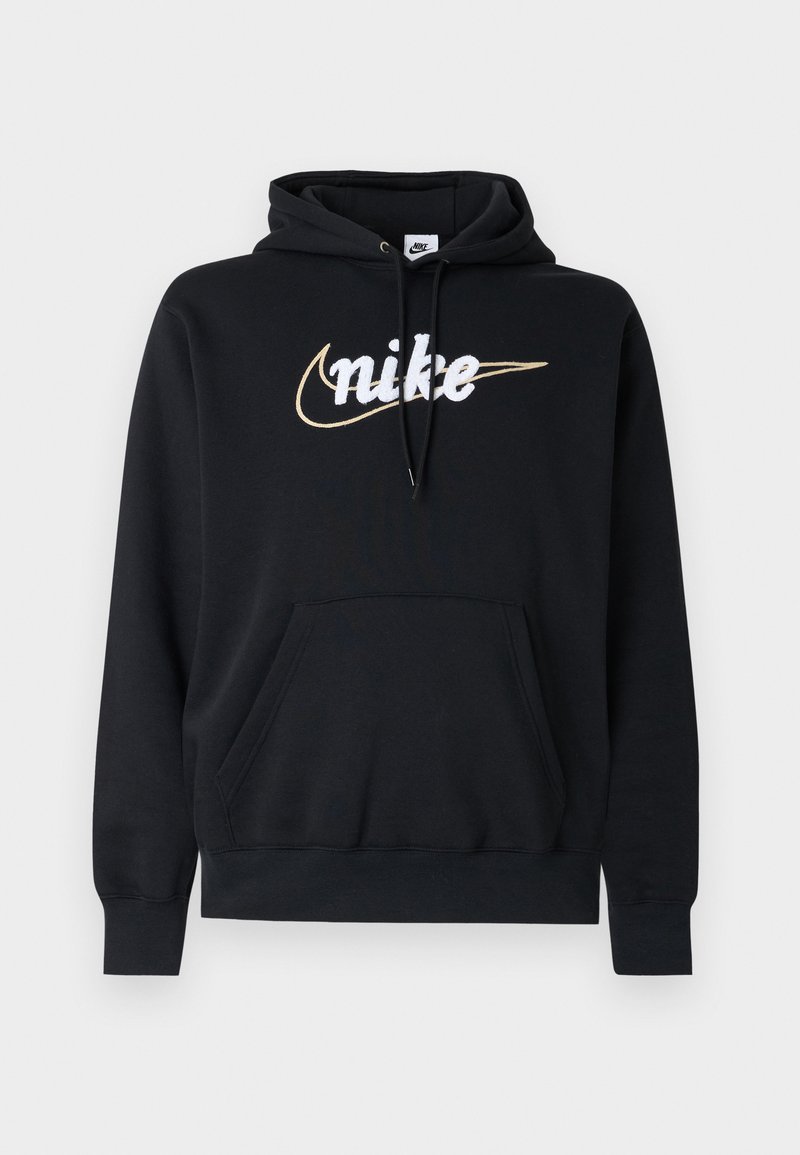 Black hoodie made of soft fabric, featuring a front pocket, drawstring hood, and white Nike logo with gold accent.