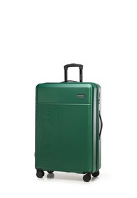 Hard-shell green suitcase with a textured surface, retractable handle, and four black wheels for mobility. Brand logo on the front.