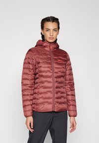 Red puffer jacket with a hood, featuring quilted design and contrasting orange zipper and accents. Smooth texture, designed for warmth.