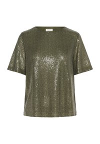 Top scurt cu maneci scurte de culoare verde măslin, acoperit cu paiete, cu guler rotund. Textură netedă și croială lejeră. Fără închideri vizibile sau motive.