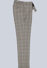 Hellbraune karierte Hose mit glatter Textur, ausgestattet mit einer Seitentasche und Knopfverschluss, für eine maßgeschneiderte Passform entworfen.