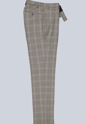 Hellbraune karierte Hose mit glatter Textur, ausgestattet mit einer Seitentasche und Knopfverschluss, für eine maßgeschneiderte Passform entworfen.