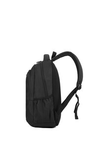 Zaino nero con un design rettangolare elegante. Caratterizzato da spallacci imbottiti, un retro in rete e due scomparti con zip.