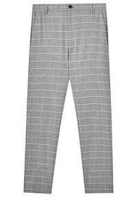 Pantaloni grigi con motivo a quadri, caratterizzati da una parte anteriore piatta, passanti per cintura, tasche laterali e chiusura con un singolo bottone.