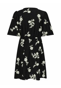Robe noire à manches courtes avec broderie florale blanche, taille cintrée et jupe ample en ligne A, vue de dos.