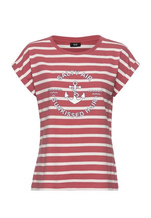 Red and white striped short-sleeve shirt with anchor graphic and text "Salty Air Sunkissed Hair" on front.