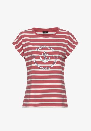 Rot-weiß gestreiftes Kurzarmshirt mit Anker-Grafik und dem Text "Salty Air Sunkissed Hair" auf der Vorderseite.