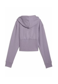Hoodie lavanda accorciato con una texture morbida, maniche lunghe e cappuccio. Presenta un orlo e polsini a costine. Vista posteriore.