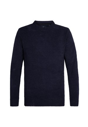 Pulover în nuanță închisă de bleumarin, cu guler rotund, realizat dintr-un material tricotat moale, având manșete și tiv cu reiată, prezentând un design simplu, fără modele sau embellishementuri.