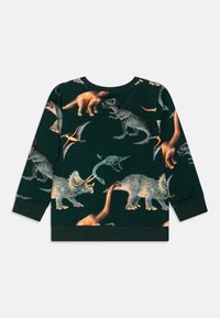 Grønn bomullssweatshirt med dinosaurmønster, med forskjellige arter illustrert i livlige farger, lange ermer og rund hals.