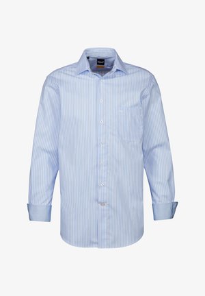 Hellblau gestreiftes Langarmhemd mit Kragen, Brusttasche und Knopfschluss. Die Manschetten haben einen kontrastierenden gemusterten Stoff.
