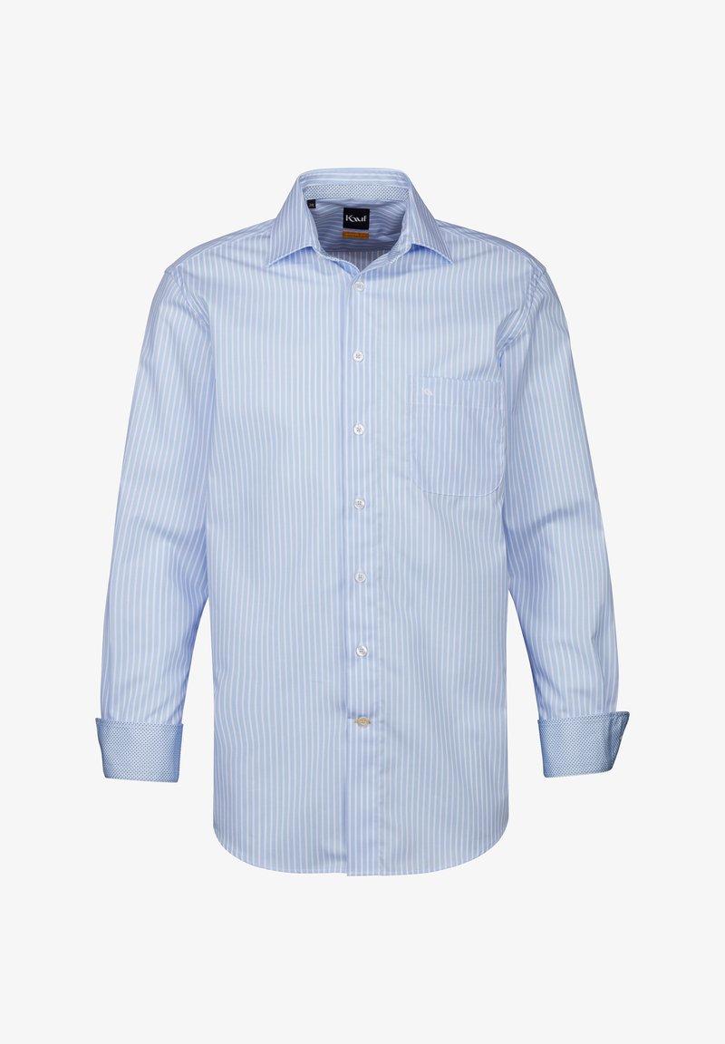 Camicia a maniche lunghe a righe blu chiaro con colletto, tasca frontale e chiusura con bottoni. I polsini presentano un tessuto a motivi a contrasto.