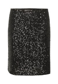 Mini falda negra con lentejuelas, que presenta un diseño ceñido, textura suave y acentos brillantes que crean un efecto brillante.