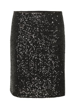 Fustă mini neagră cu paiete, având un design ajustat, textură netedă și accente strălucitoare care creează un efect sclipitor.