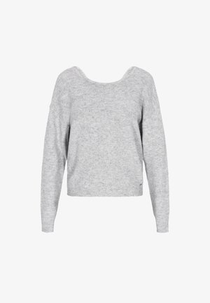 Světle šedý pletený svetr s dlouhými rukávy a širokým, zaobleným výstřihem, vystavený na jednofonním bílém pozadí.