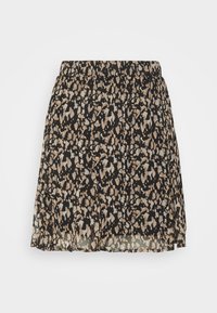 Lyhyt hame musta-beige leopardikuviolla, jossa on joustava vyötärö ja hieman levenevä helma.