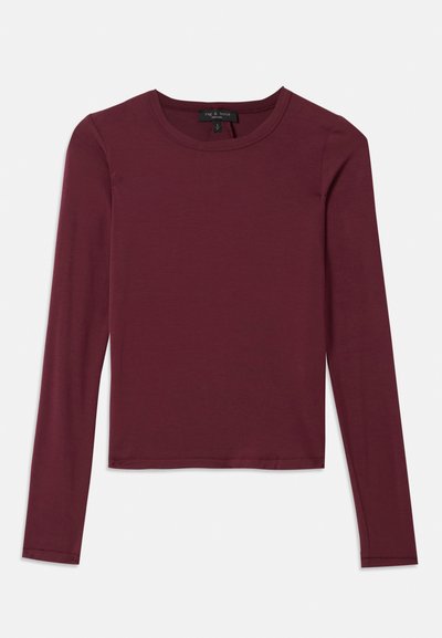 Burgundy long-sleeve shirt made of smooth, stretchy material with a crew neckline and a straight, fitted design.