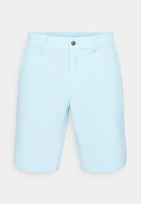 Light blue shorts made of smooth fabric, featuring a flat front, belt loops, single metal button closure, and clean hems.