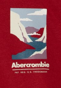 Röd tyg med ett grafiskt mönster av berg, vatten och moln i dämpade färger. Inkluderar "Abercrombie"-text i fet vit stil.