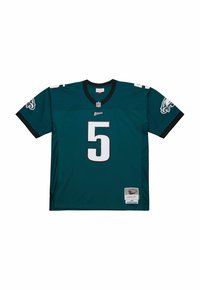 Türkises Football-Trikot mit schwarzen Akzenten und der weißen Nummer 5. Mit NFL-Logo und Teamwappen auf den Ärmeln, aus atmungsaktivem Material gefertigt.
