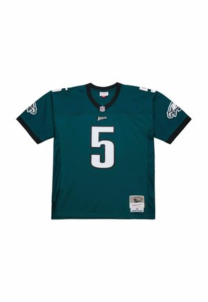 Türkises Football-Trikot mit schwarzen Akzenten und der weißen Nummer 5. Mit NFL-Logo und Teamwappen auf den Ärmeln, aus atmungsaktivem Material gefertigt.