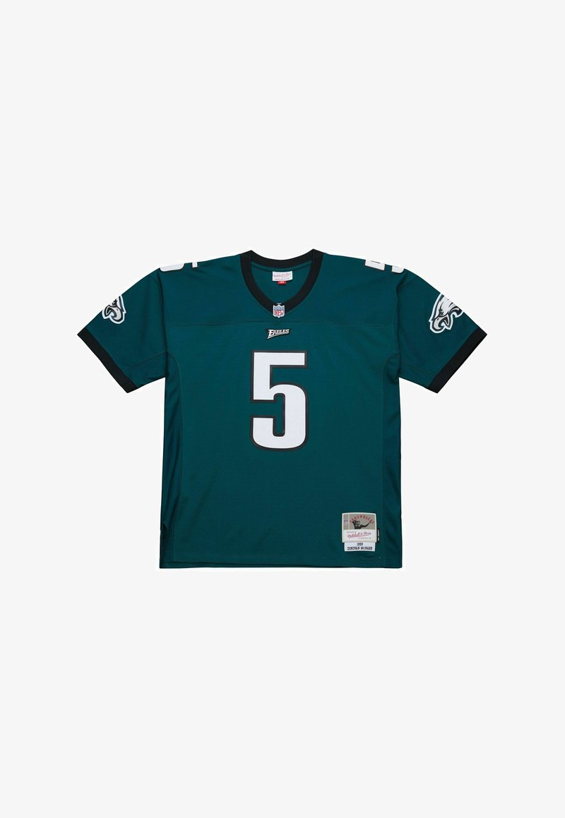Teal football jersey with black accents and a white number 5. Features NFL logo and team emblem on sleeves, made of breathable fabric.