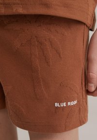 Rjave kratke hlače iz teksturiranega blaga, s potiskom palm in belim logotipom "BLUE RIDGE" ob robu.