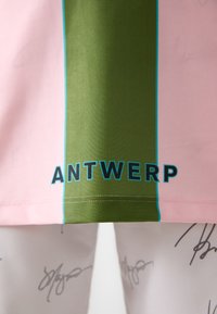 Short-sleeve shirt in pink and green fabric with blue stripes, featuring the text "ANTWERP" in black at the hem.