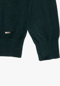 Ciemnozielony sweter z prążkowanymi mankietami i dołem, z małą srebrną metką z czerwonymi akcentami. Miękka tekstura, lekki materiał, dopasowany kształt.