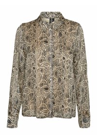 Chemise à manches longues avec boutons, présentant un motif paisley en beige et noir, confectionnée dans un tissu léger et semi-transparent.