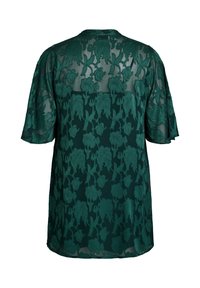 Zelená priesvitná blúzka s krátkymi rukávmi, zdobená vyšívaným kvetinovým vzorom. Jemná textúra s voľným strihom a okrúhlym výstrihom.