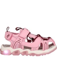 Ljusrosa sluttoesandaler med justerbara remmar, ventilerande mesh och en vadderad sula. Har en genomskinlig rosa hälaccent.