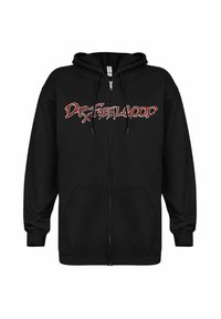 Svart hettegenser med glidelås laget av mykt materiale, med en frontgrafikk i rødt og hvitt som sier "DR.FEELGOOD." Inkluderer to frontlommer.