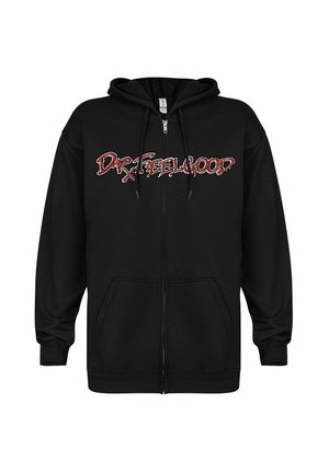 Schwarze Zip-Hoodie aus weichem Material, mit einem Frontdruck in rotem und weißem Text, der "DR.FEELGOOD." liest. Beinhaltet zwei Fronttaschen.