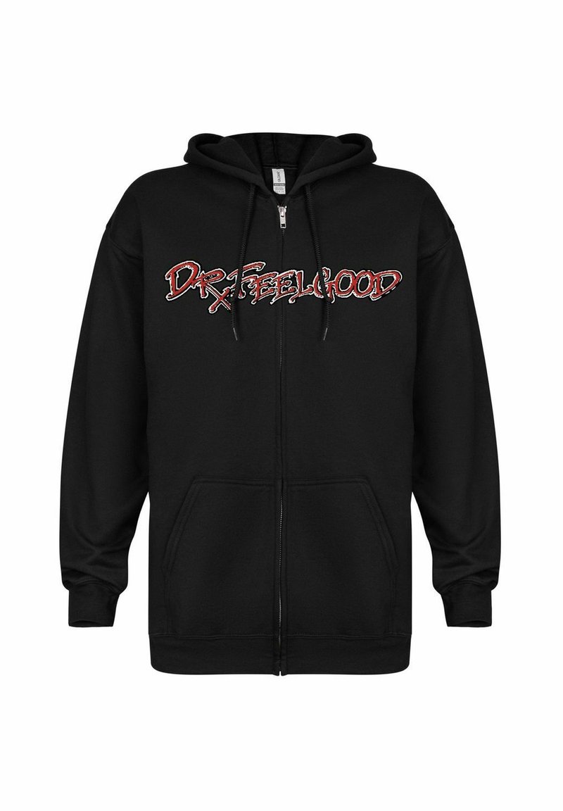 Svart hettegenser med glidelås laget av mykt materiale, med en frontgrafikk i rødt og hvitt som sier "DR.FEELGOOD." Inkluderer to frontlommer.