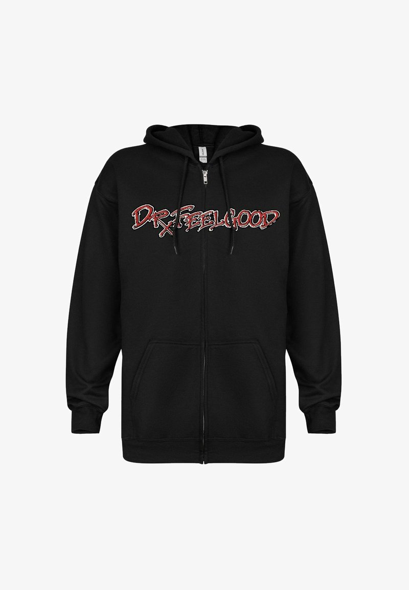 Svart hettegenser med glidelås laget av mykt materiale, med en frontgrafikk i rødt og hvitt som sier "DR.FEELGOOD." Inkluderer to frontlommer.