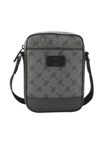 Borsa di tessuto grigio con fondo in pelle nera, dotata di una piastra logo e di una tracolla regolabile. Forma rettangolare con chiusura a zip.