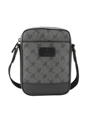 Gray textured fabric bag with a black leather bottom, featuring a logo plate and an adjustable strap. Rectangular shape with a zip closure.