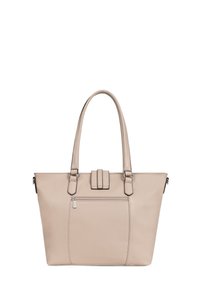 Beżowa torba typu tote wykonana z materiału z ekoskóry, o usztywnionym kształcie, z podwójnymi uchwytami i przednią kieszenią na zamek. Ozdobiona stylowymi przeszyciami.