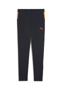 Granatowe spodnie sportowe z elastycznym pasem, pomarańczowymi akcentami po bokach i różowym logo Puma. Wykonane z oddychającego, elastycznego materiału.