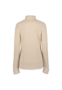 Beiger, gestrickter Pullover mit hohem Kragen, gerippter Textur und verlängerten Bündchen. Einfaches Design ohne sichtbare Logos oder Muster.