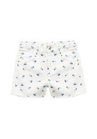 Lysfarvede denimshorts med blomsterprint i blå nuancer, knaplukning og fem lommer med en frynset kant.