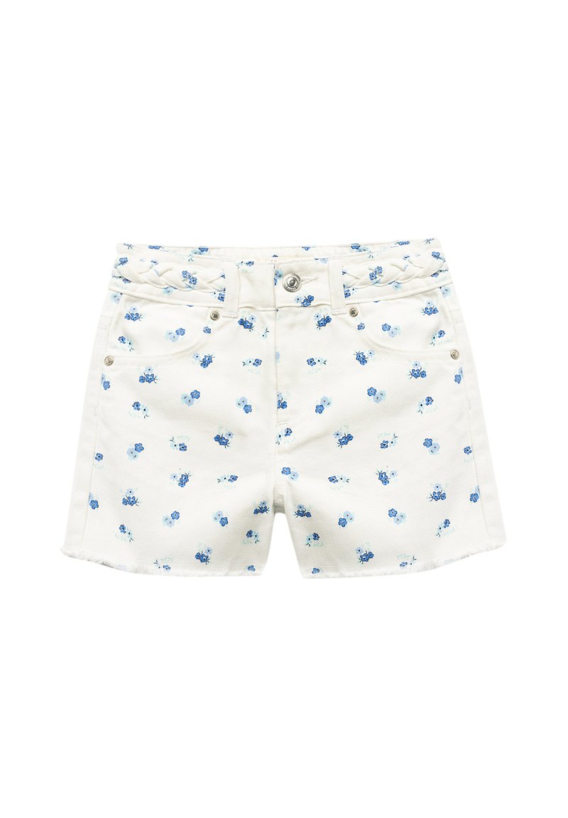 Lysfarvede denimshorts med blomsterprint i blå nuancer, knaplukning og fem lommer med en frynset kant.