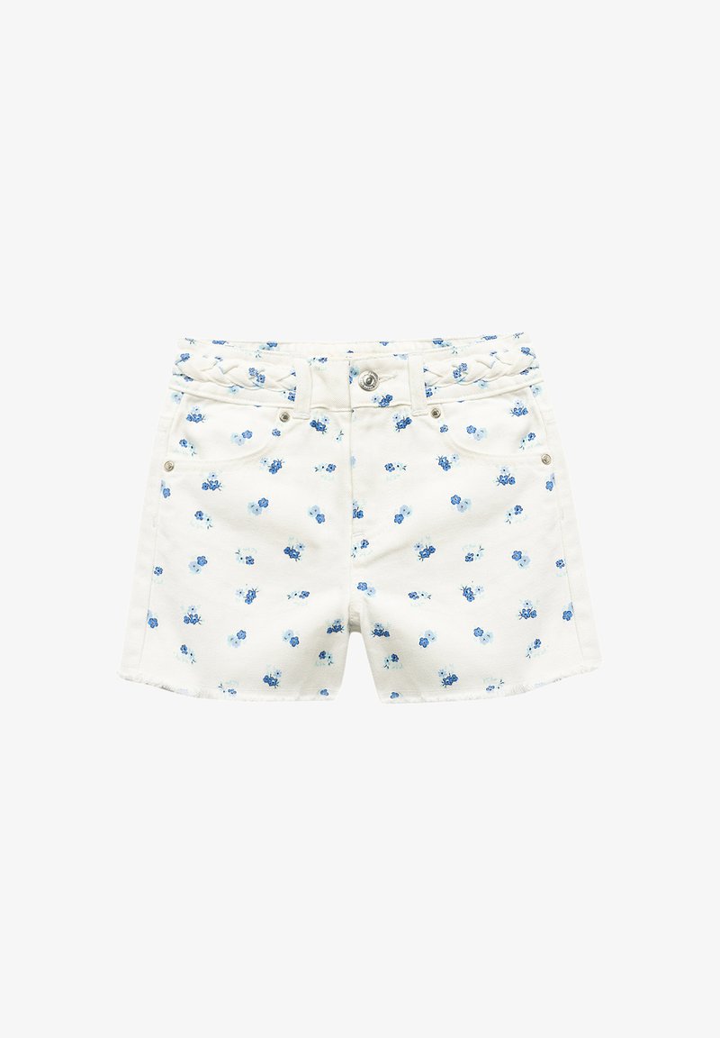 Shorts in denim chiaro con stampa floreale in tonalità di blu, chiusura a bottone e cinque tasche con orlo sfilacciato.